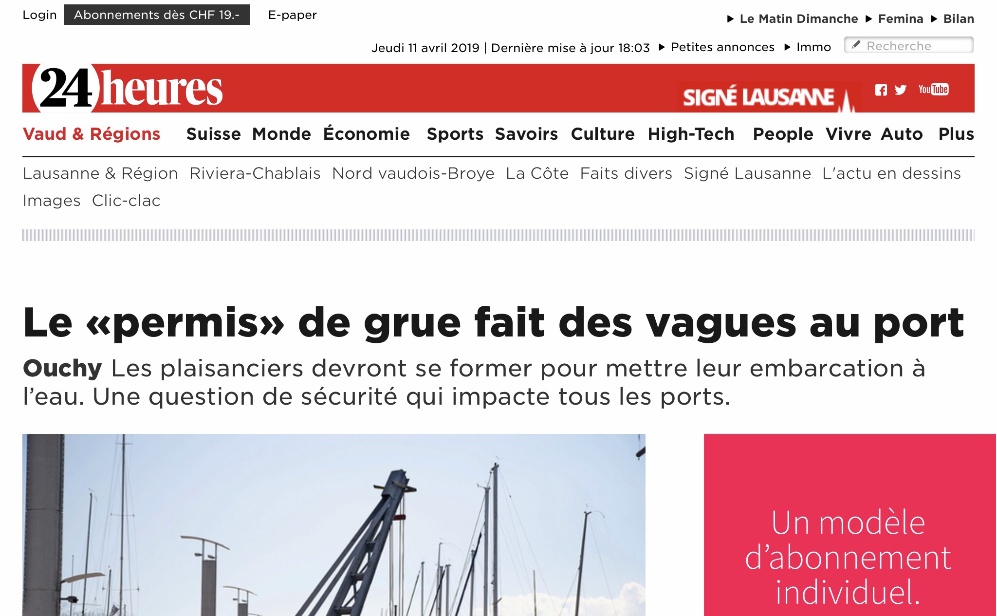 24heures: article sur la modification de réglementation des normes de grutage sur le port d’Ouchy