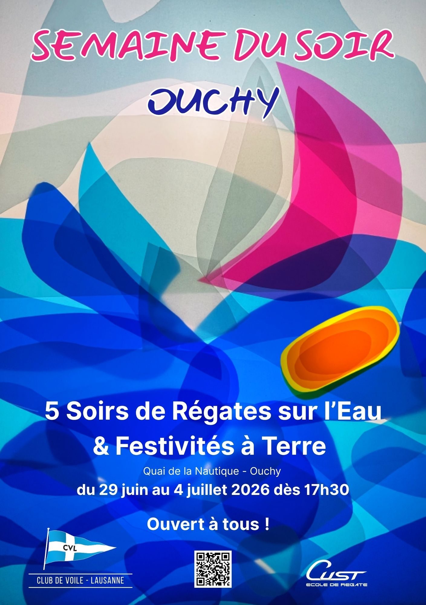 Affiche Semaine du Soir Ouchy 2026. Evènement organisé par le Club de Voile Lausanne à Ouchy du 29 juin au 4 juillet 2026. 5 soirs de régates et festivités sous le couvert à bateaux et sur le quai de la Nautique. Samedi 4 juillet 2026 -  Banquet Oscherin. Festival de voile, animations à Ouchy, ou sortir à Lausanne, evenement estival ouchy, programmation ouchy 2026, musique ouchy 2026
