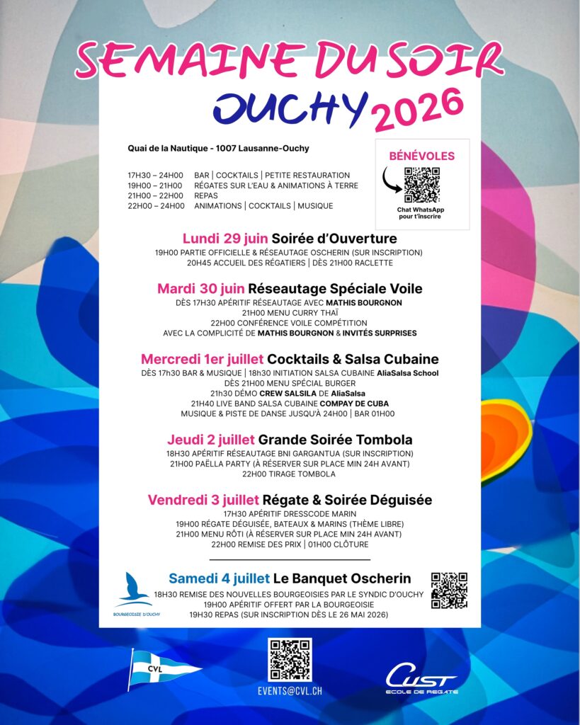 Programme détaillé de la Semaine du Soir Ouchy 2026 présentant les régates, soirées thématiques, salsa cubaine, tombola, conférence voile, parade déguisée et banquet Oscherin à Lausanne.